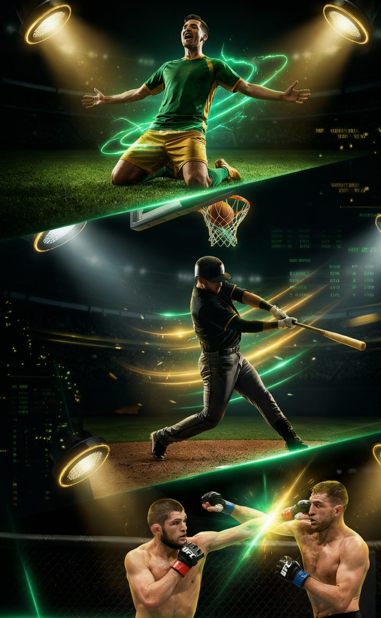 Action sports collage with football player, baseball hitter, and UFC fighters – watch real-time sports highlights and live match moments on QuickTV.