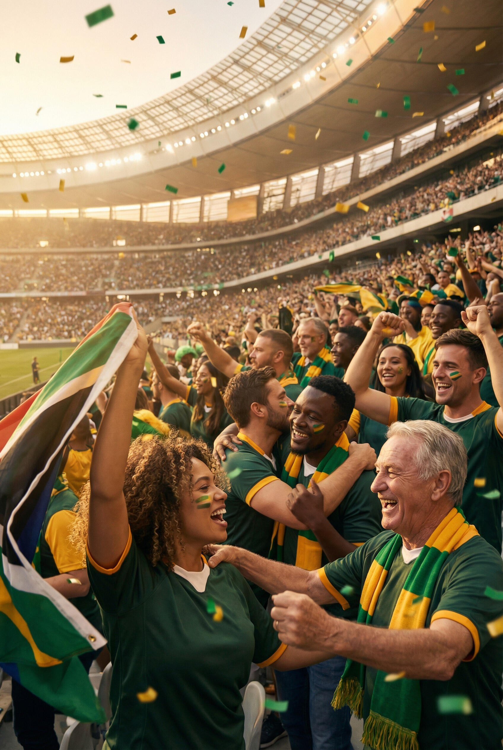 Excited sports fans cheering in a crowded stadium, representing real-time reactions, community engagement, and live sports energy on QuickTV.
